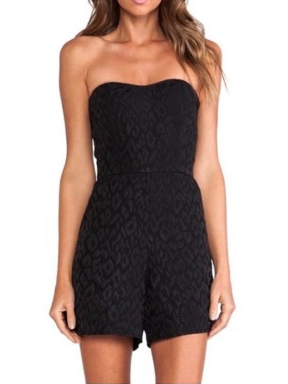 Hunter Bell Leah Strapless Jacquard Animal Print Romper In Black NWT Size 2